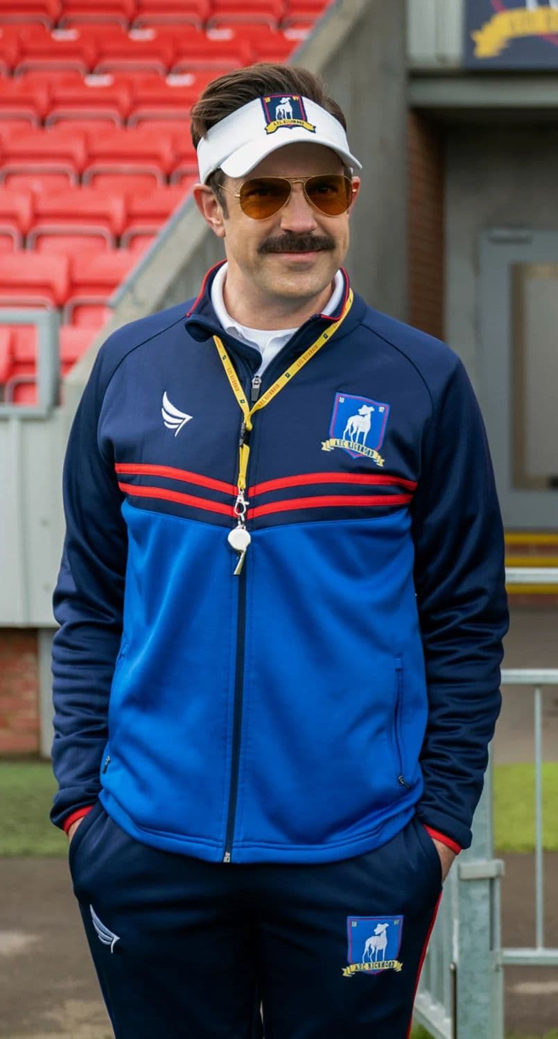 Person mit weißem Sonnenvisier, getönter Brille und blau-dunkelblauem Trainingsanzug vor roten Stadionplätzen.