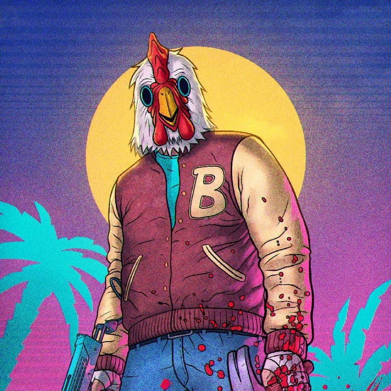 DIY Hotline Miami - Jacket Kostüm mit Hahnenmaske, T-Shirt türkis, Jeans, College Jacke weinrot, Aufbügler B