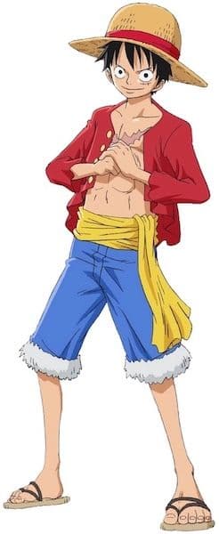 Ganzfigurige Anime-Figur mit Strohhut, offener roter Jacke, gelber Schärpe, blauen kurzen Hosen und Sandalen vor weißem Hintergrund.