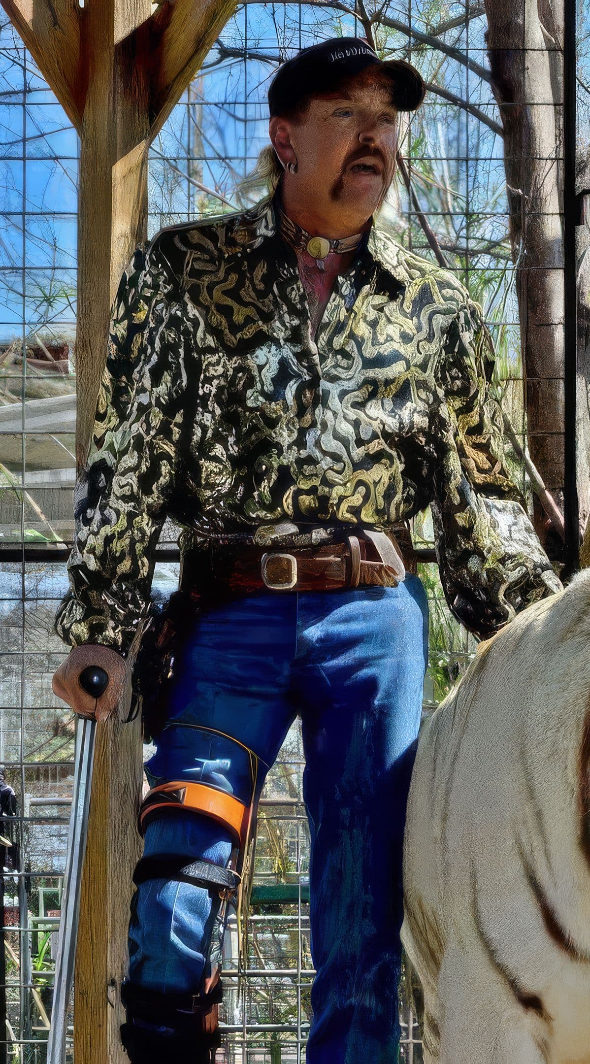 DIY Joe Exotic - Tiger King Kostüm mit Pailettenhemd, Paillettenhemd alternativ, Schnurrbart, Jeans stone washed, Arbeitsschuhe braun
